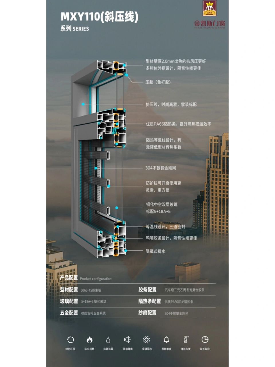 0厚110系列平开窗 采用pa66尼龙隔热条三元乙丙密封胶条5 20 5信义原
