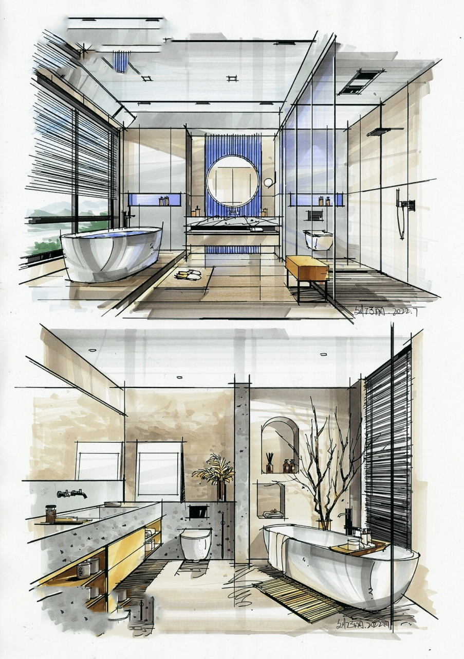 家居空间卫生间手绘效果图表达(附线稿) 作品出自庐山艺术特训营巧丽