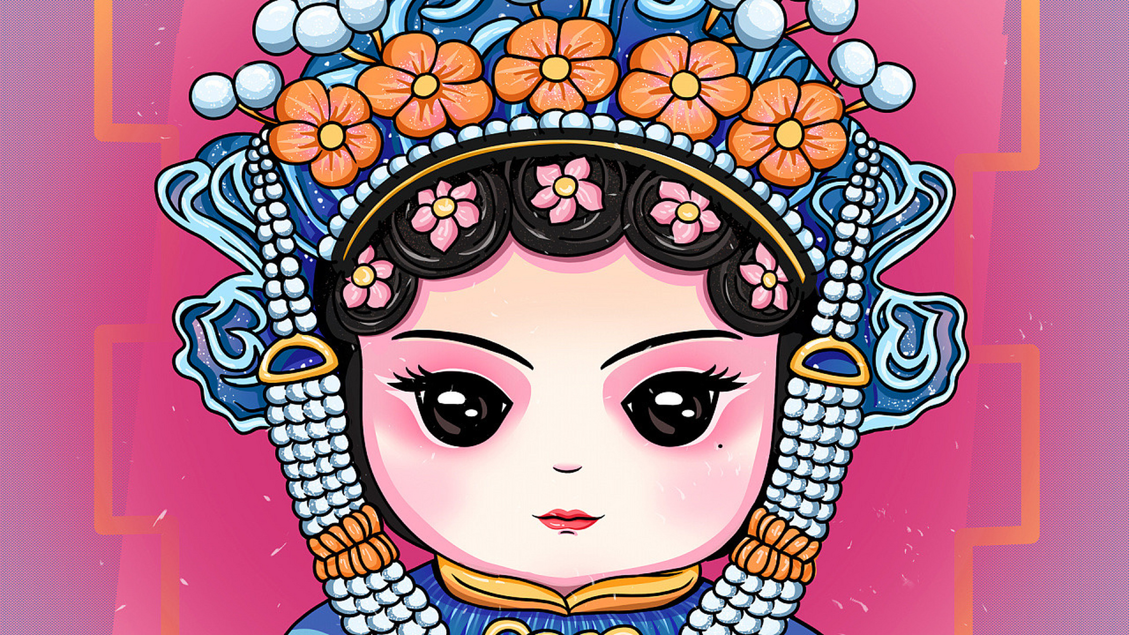 国潮风女花旦脸谱插画 国潮风好火,画了个可可爱爱的q版脸谱 以后可以