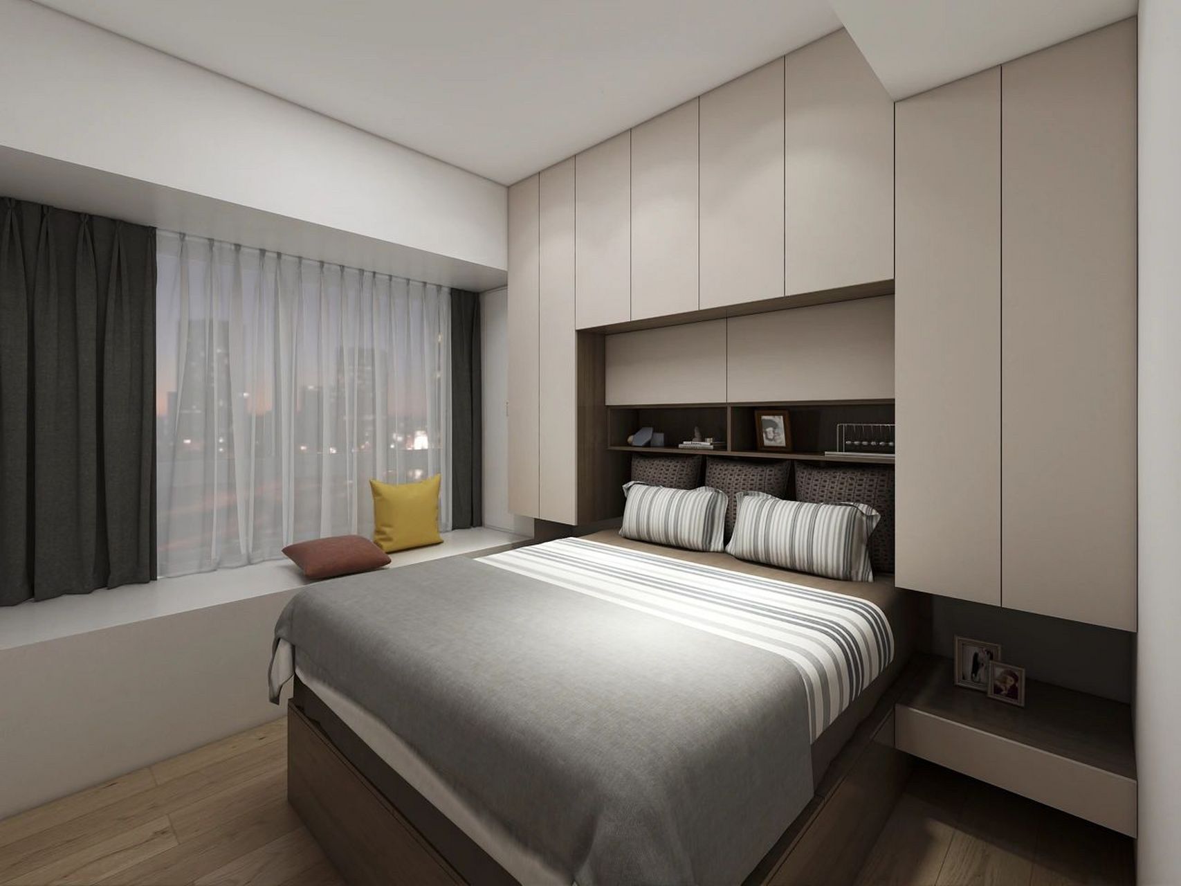 设计师给出了床头做吊柜收纳的方案04 	 如图效果图,就利用床头的一