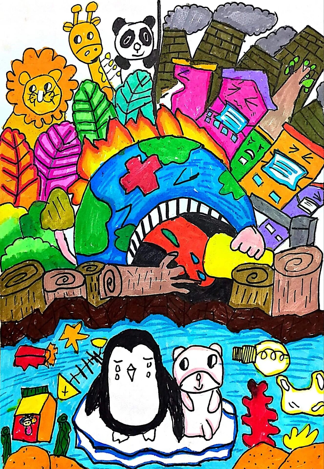 一年级环境保护主题绘画 地球妈妈生病了