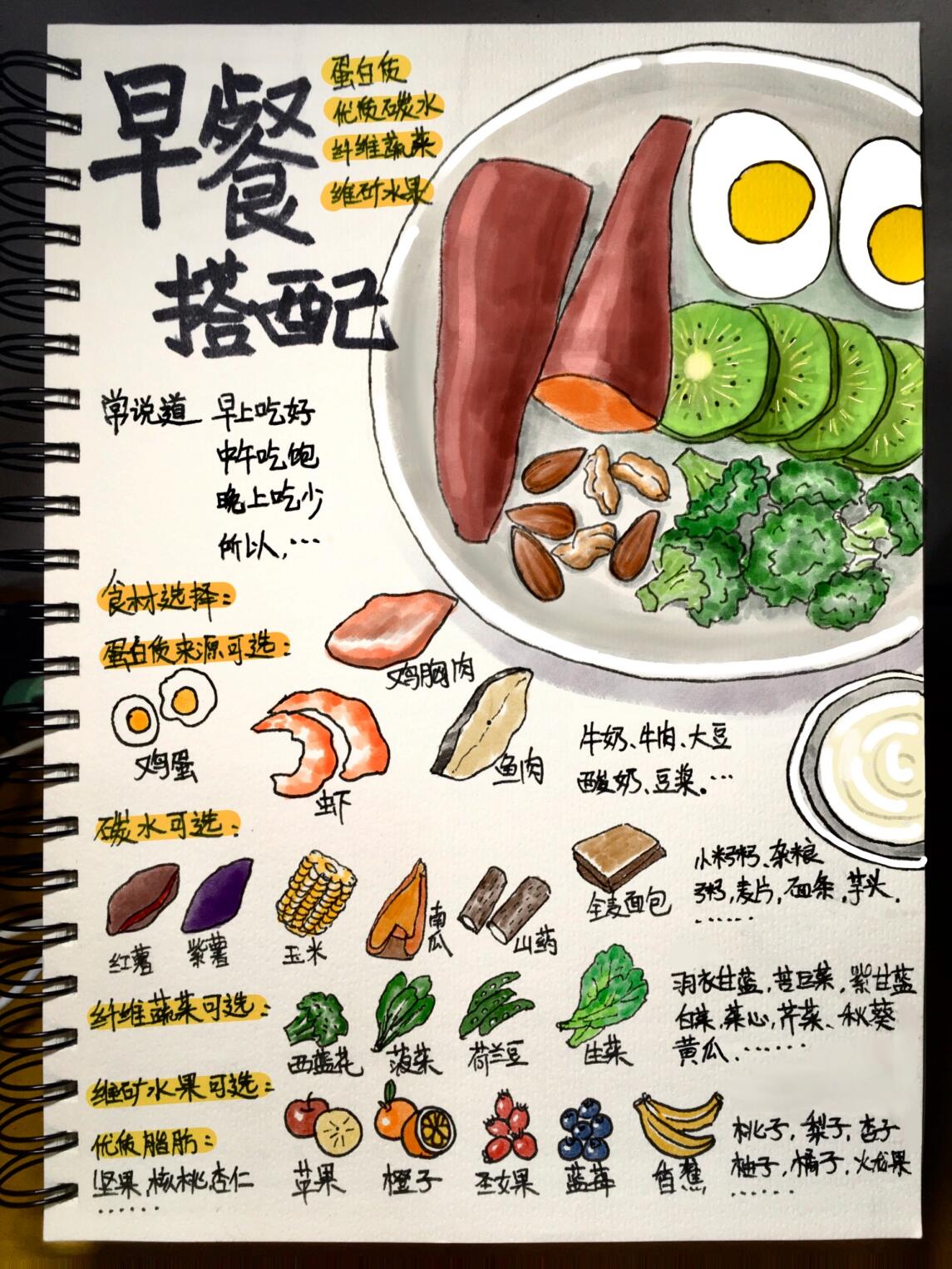 手绘中国膳食宝塔,地中海饮食,早餐搭配