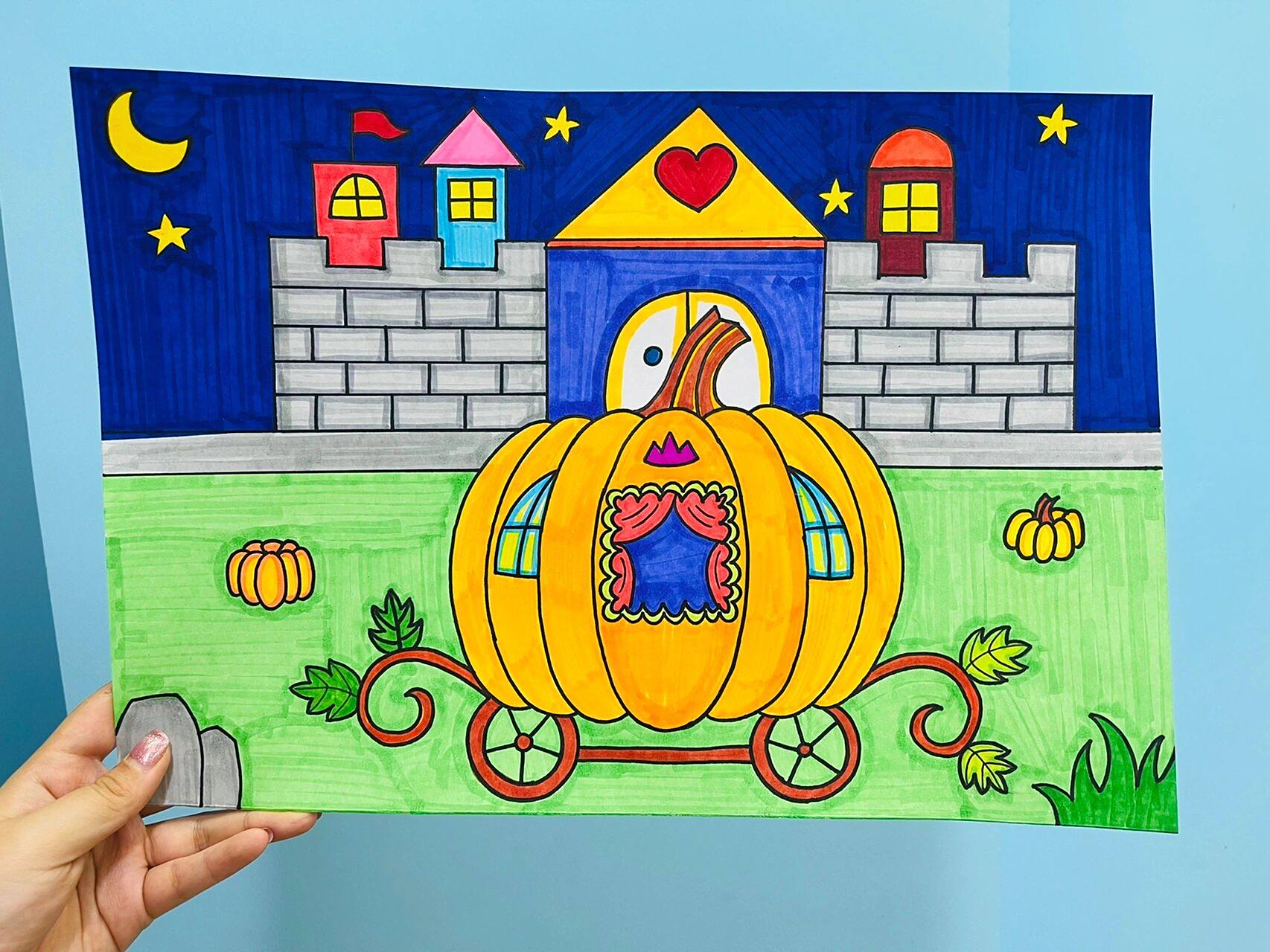 969696儿童画:一年级「南瓜马车」 材料:白卡77勾线笔77