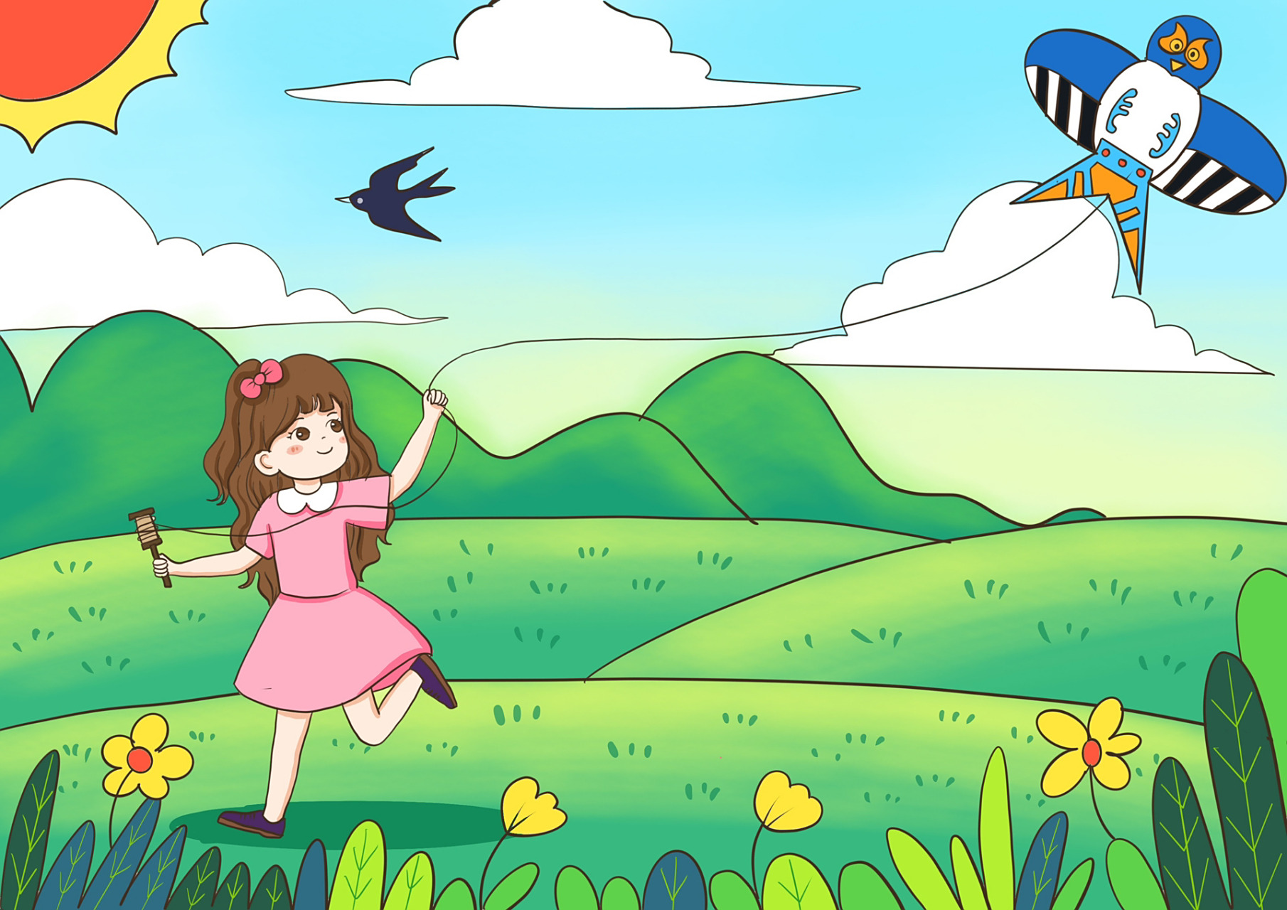 春日放纸鸢儿童画插画绘画09 "忙趁东风放纸鸢"的春日气息～ 可借鉴