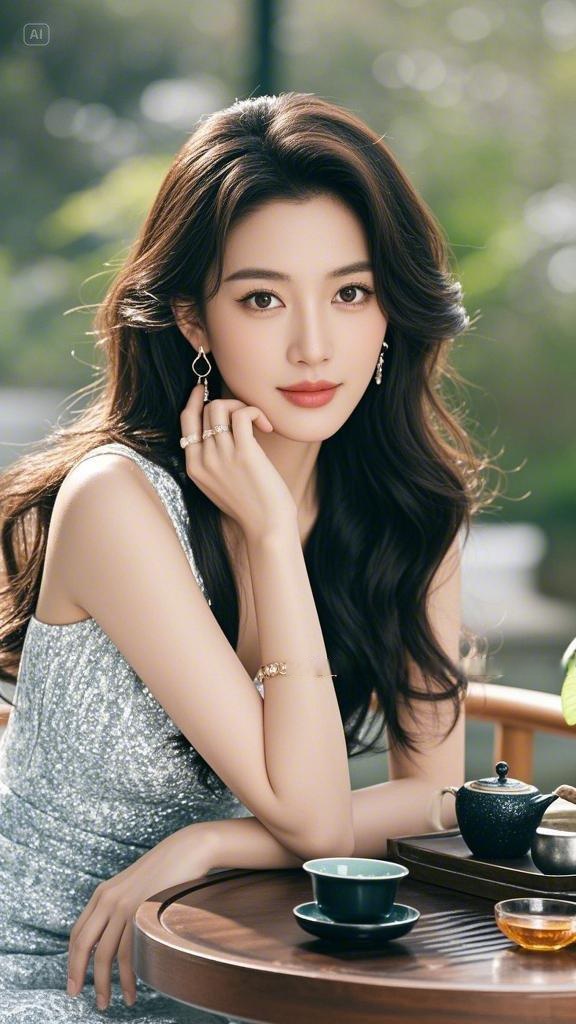 摄影作品,明星气质的东方美女,中长发微卷,坐在茶桌细细品茶,高清