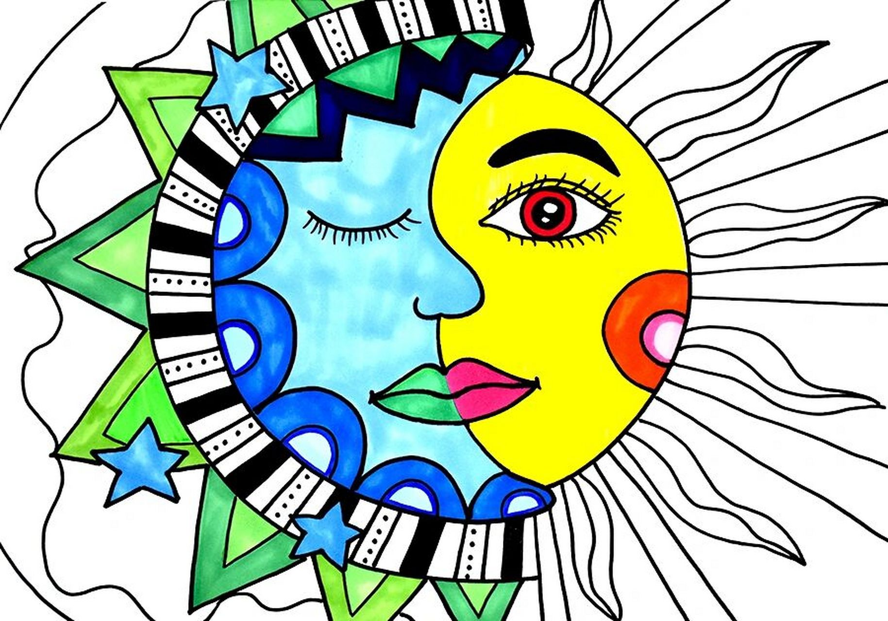 儿童画教程|冷暖色画拥抱的太阳和月亮 教学重难点 1.