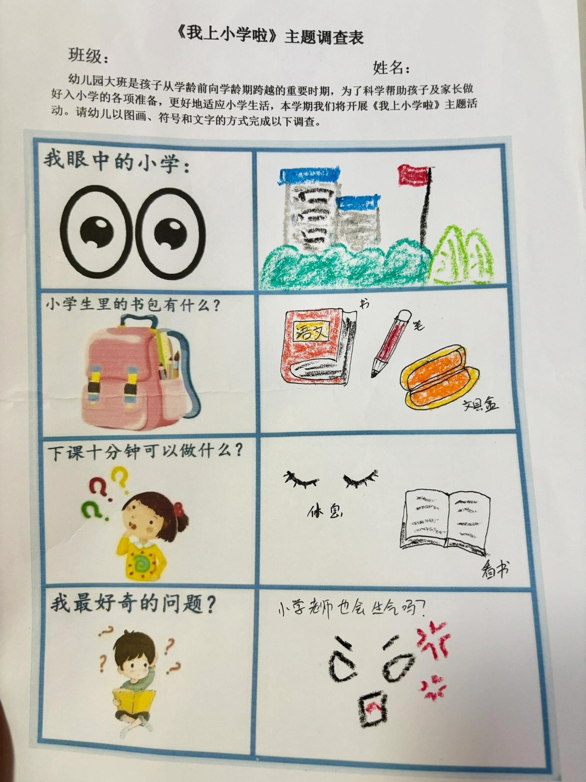 走进小学调查表幼儿园图片