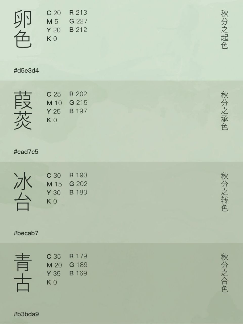 卵色-秋分之起色 c20m5y20k0 r213g227b212 蛋青色,形容天的颜色,也叫