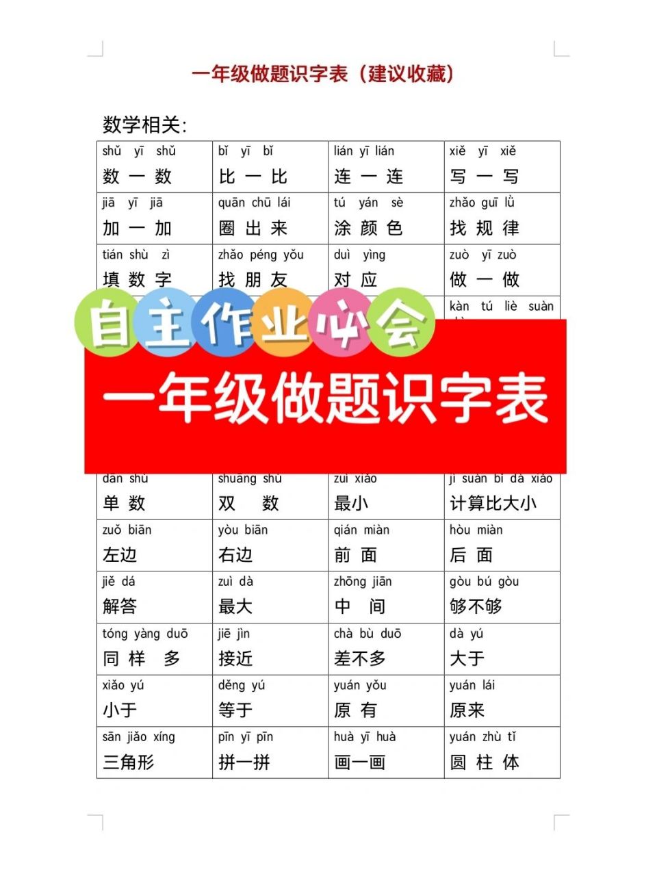 97数学老师给的‖一年级做题必会词 一年级孩子识字量小,独立做题有