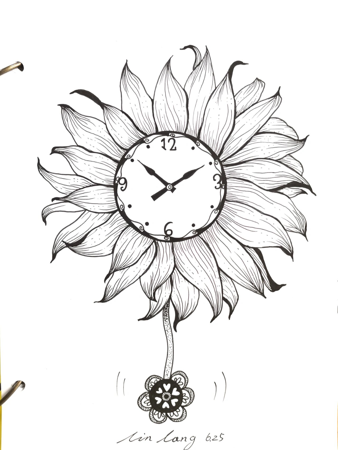 原创|向日葵钟表黑白线描装饰手绘插画简笔