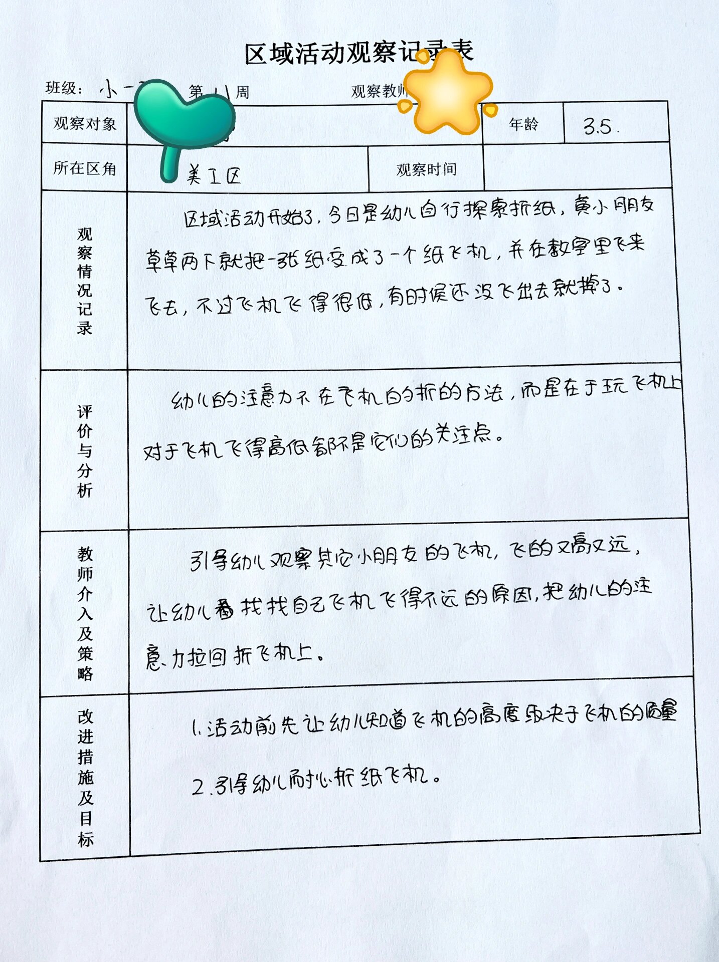 小班区域观察记录表(小班区域观察记录表观察 分析措施)