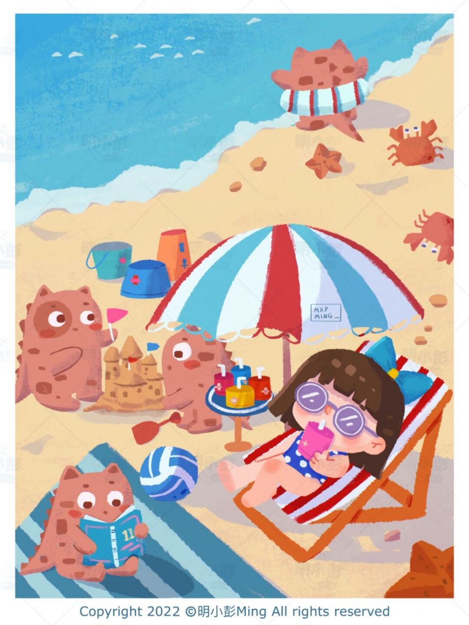 原创插画|十一和小怪兽们【三】之夏日海滩 这是一张从夏天画到的秋天