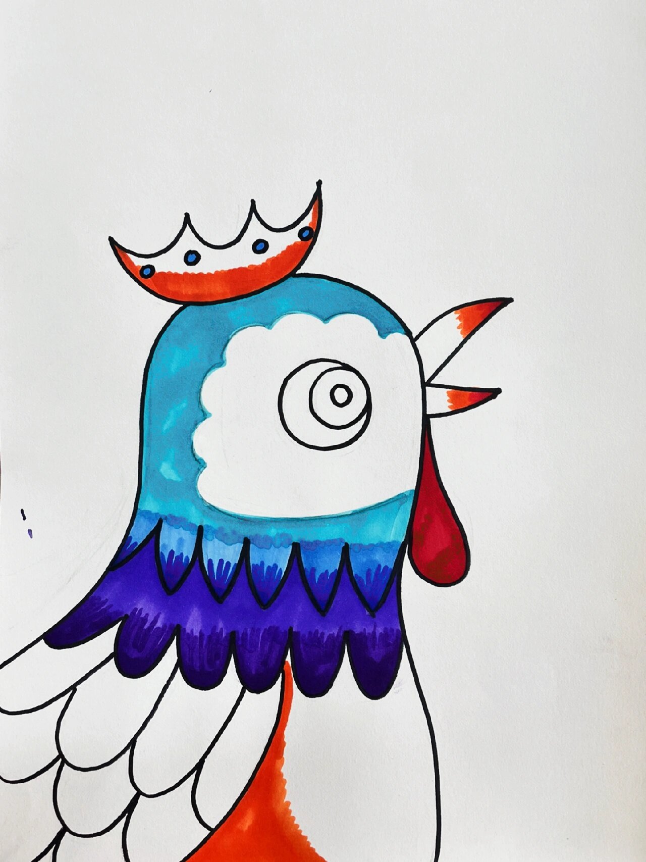《大公鸡》儿童画,创意美术,详细步骤过程