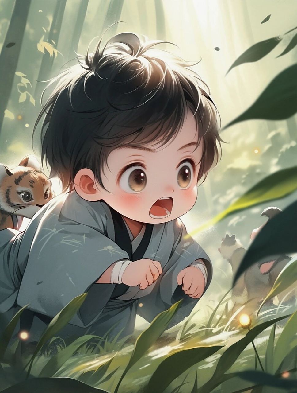 ai绘画/q萌古风唐装小男孩一 ai绘画,适合作为古风q版模拟经营手游