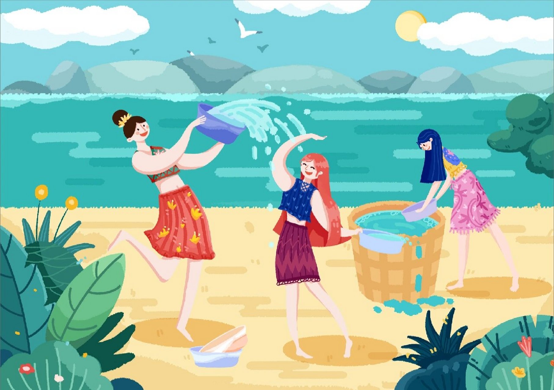 泼水节插画 泼水节,是中国傣族,阿昌族,布朗族,佤族,德昂族等少数民族