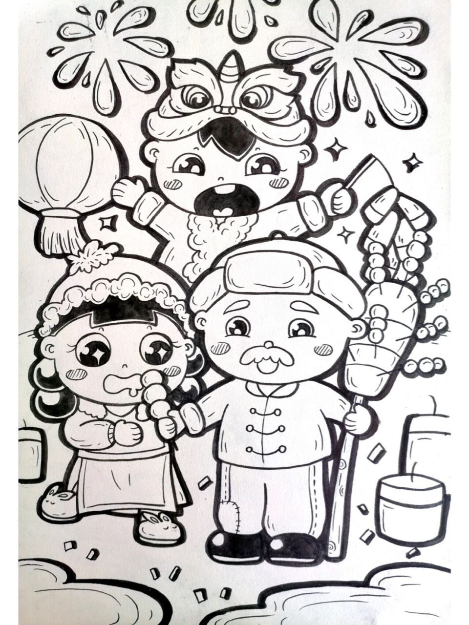 幼儿主题画《过年啦》 糖葫芦,醒狮,红灯笼,鞭炮和烟花都适用于过年