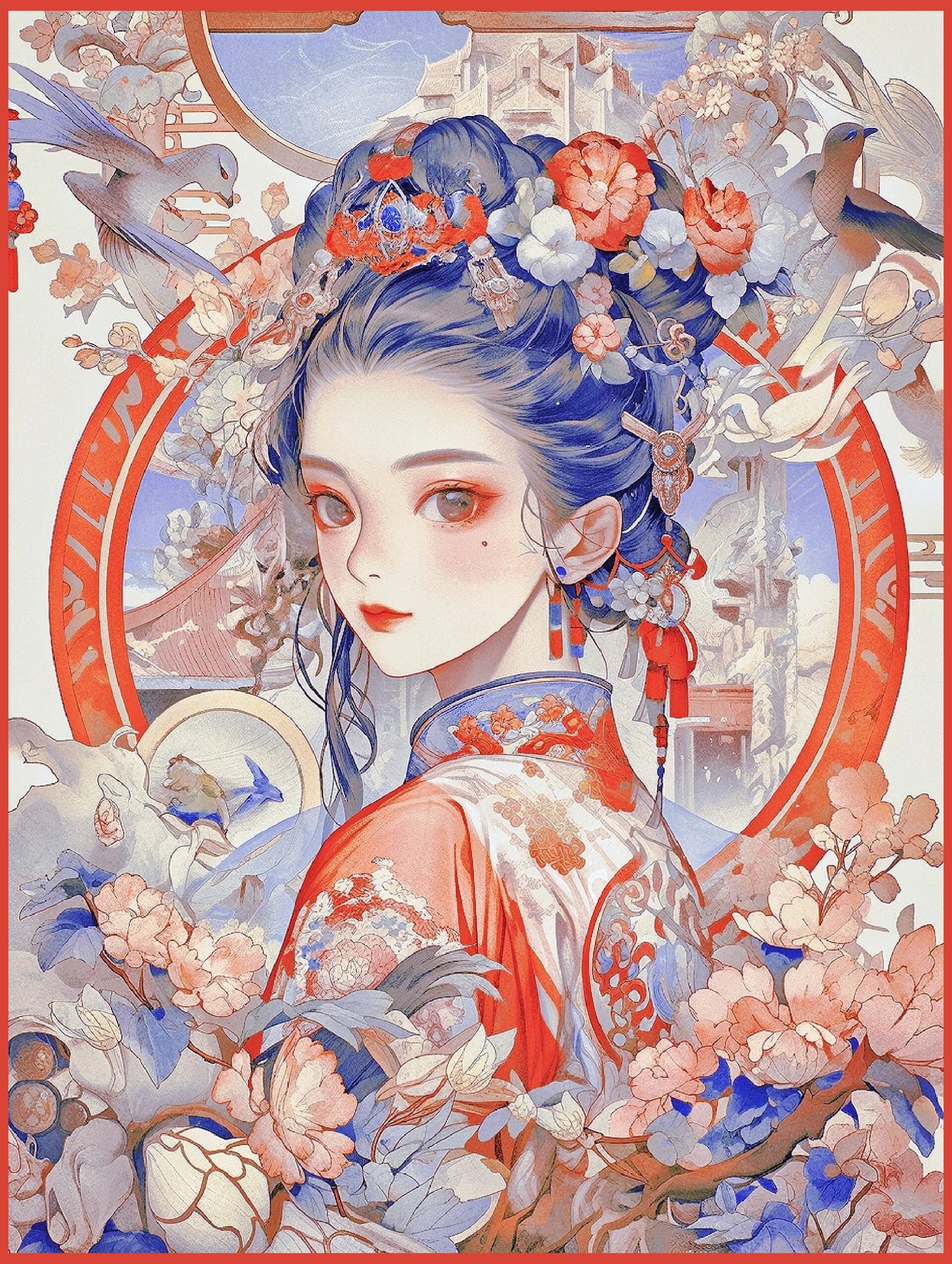 98圆珠笔画|国潮&国风插画|古风少女
