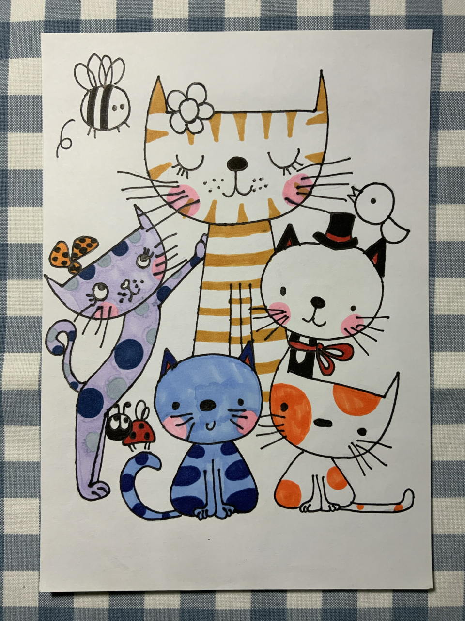 创意儿童画 猫咪家族 流浪动物 宠物 小花猫 马克笔画 猫
