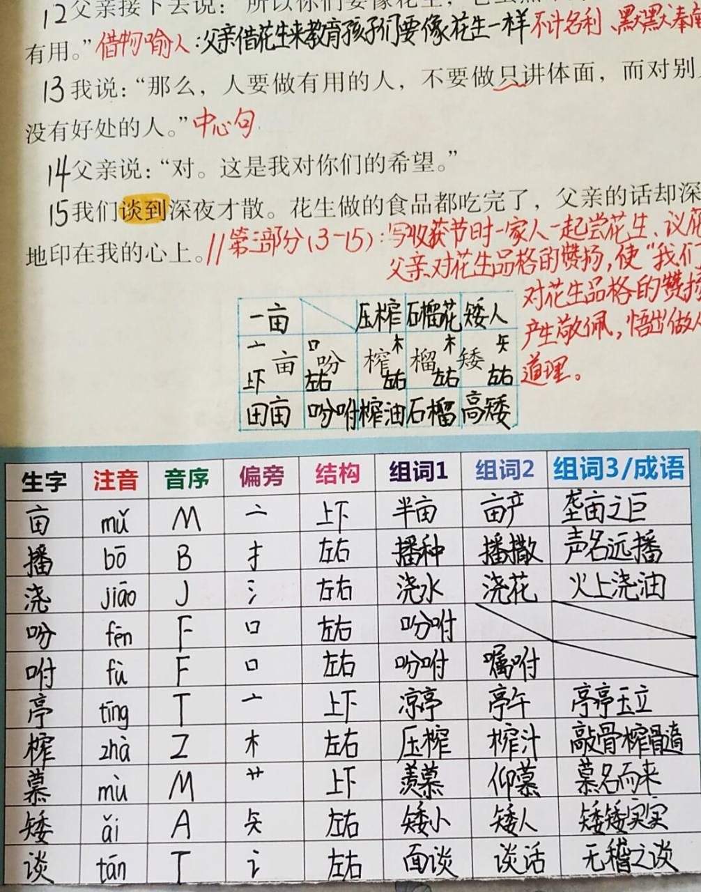 五上语文第二课落花生生字组词附课文重点 #五年级上册语文# #暑假