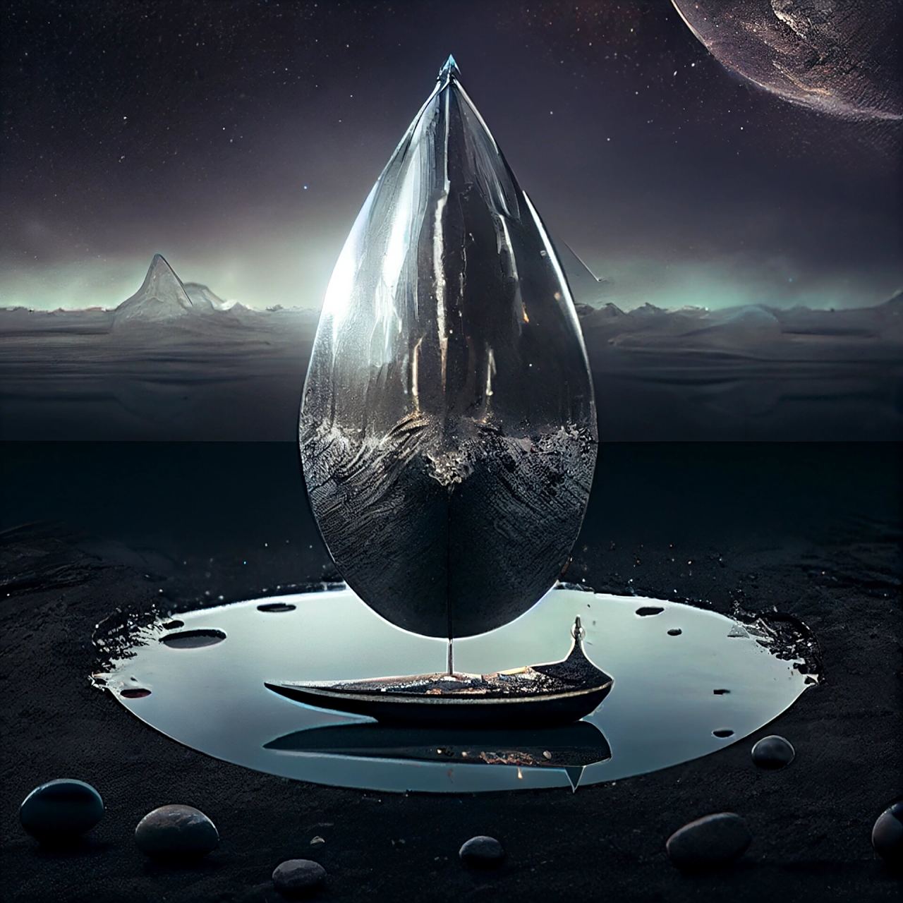 用ai试画《三体》中的水滴 本来想在背景里加上一些飞船,但似乎模型