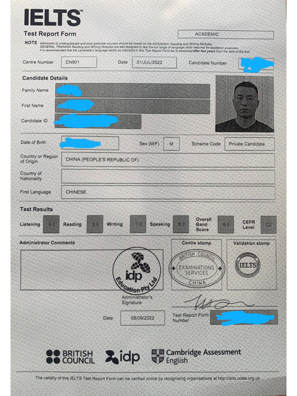 5分是什么样子? 雅思8.5分(听力9.0,阅读9.0,口语8.0,写作7.0)
