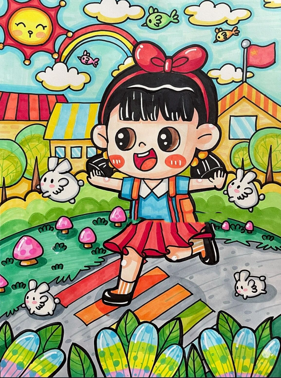 开开心心上学去 开学啦主题画创意儿童画 最后一张有线稿可以打印临摹
