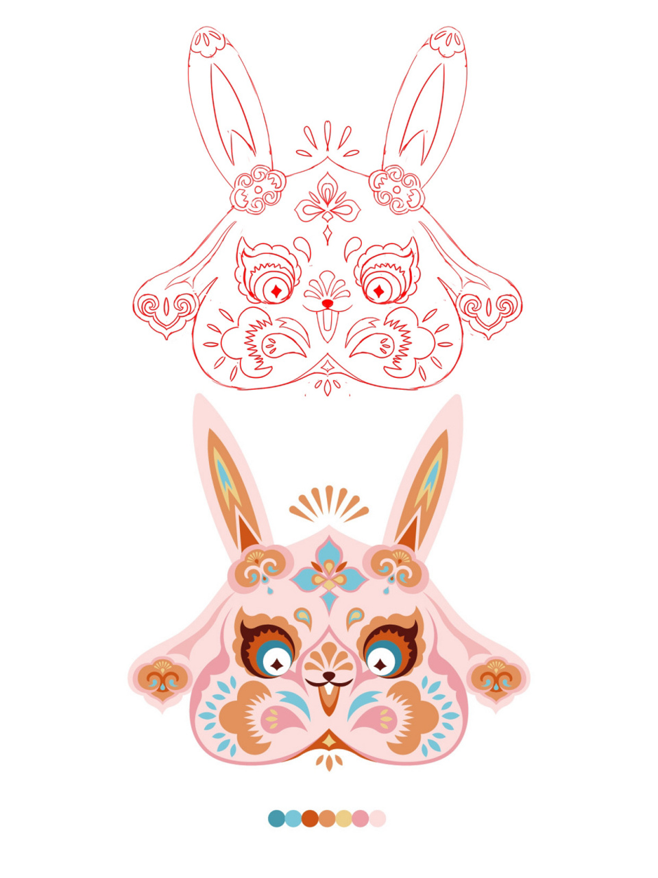 刺绣插画案例|兔子脸谱|传统纹样 -手工布偶插画-可爱兔子!