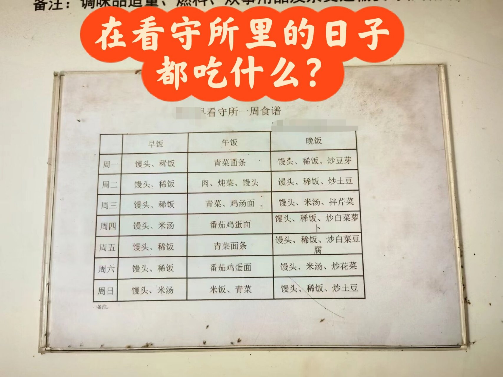 看守所每日食谱 某看守所的每日食谱,按照这个吃大概率会减肥成功