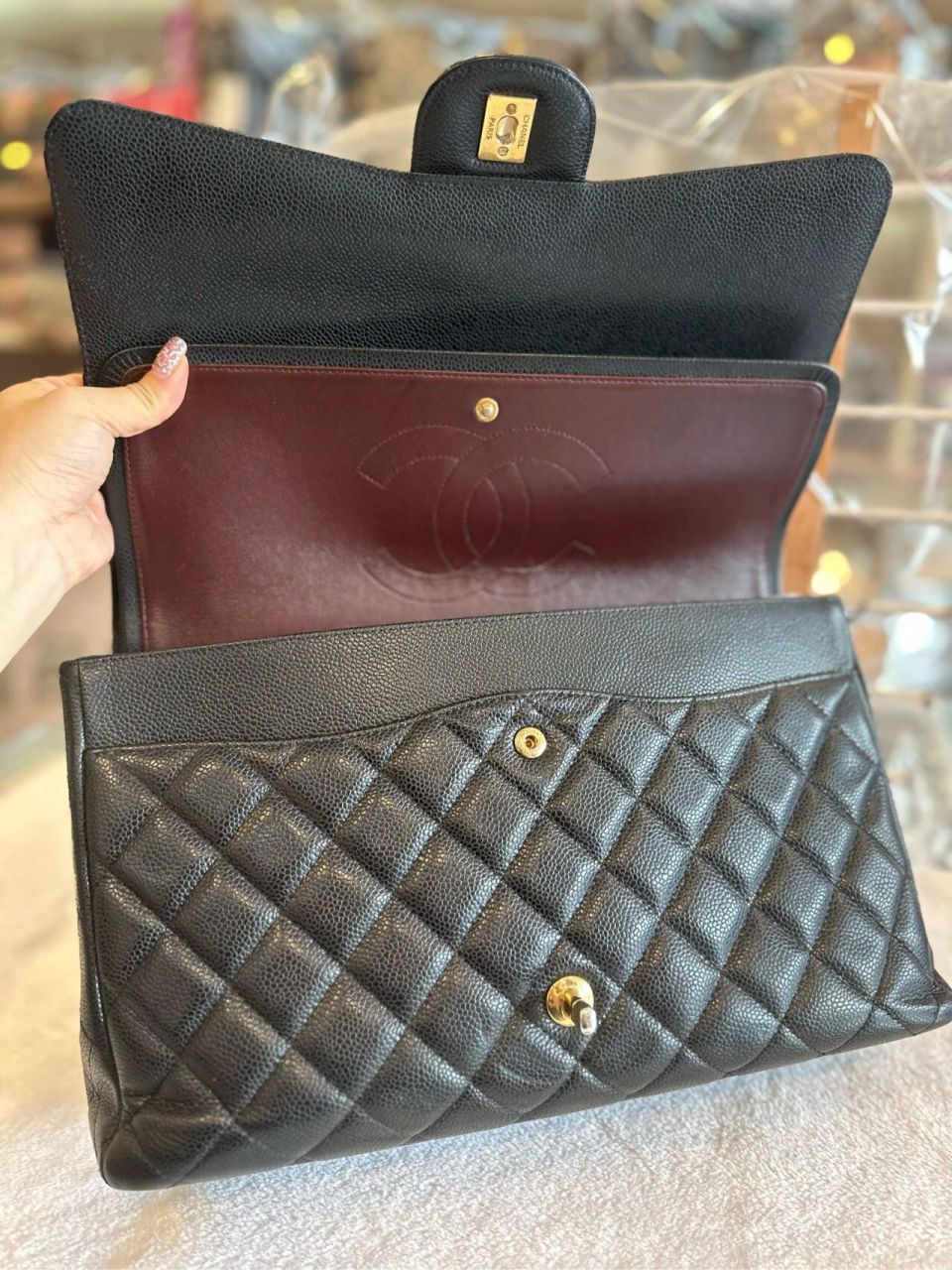 95新95chanel/香奈儿 黑金荔枝皮cf双盖maxi 95新95chanel/香奈儿