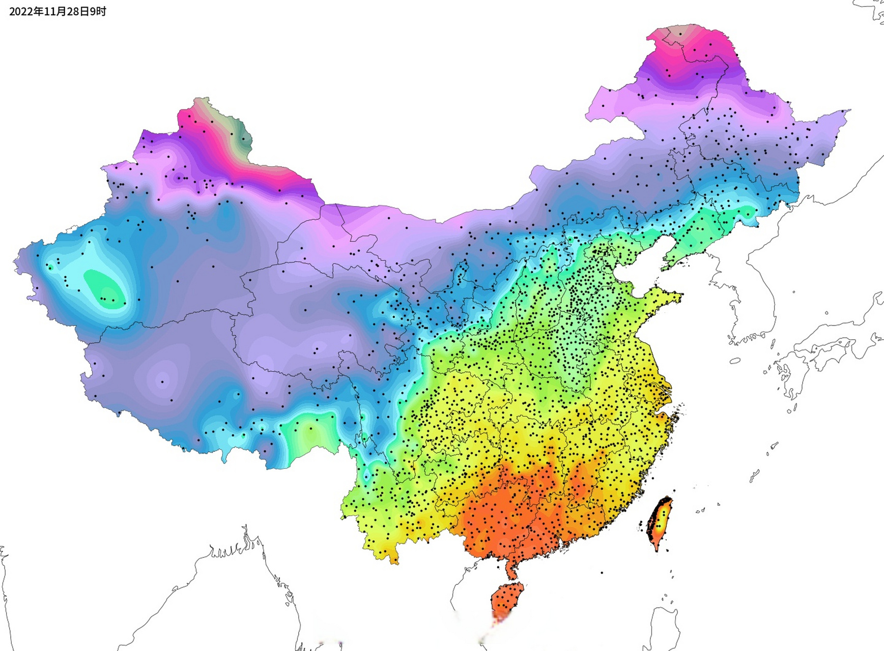 寒潮##天氣# 今早9點,新疆青河-42度,西沙永興島站29.