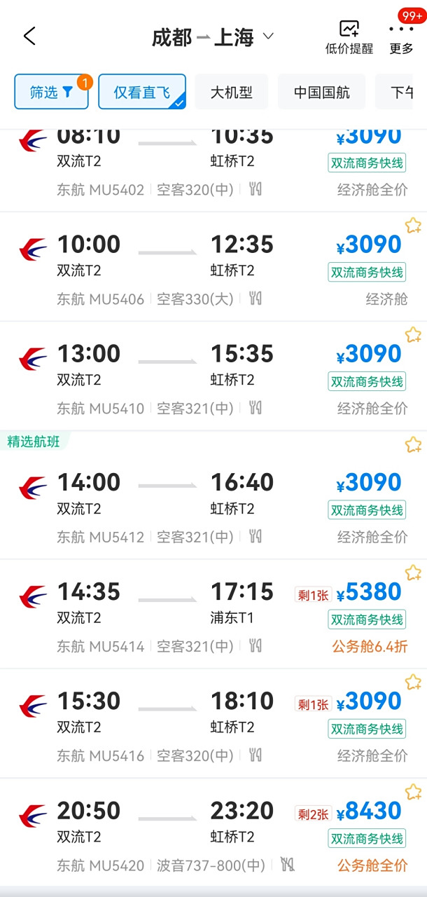 突然间成都到上海的航班少了一半全部变全价了[捂脸][捂脸][捂脸],这