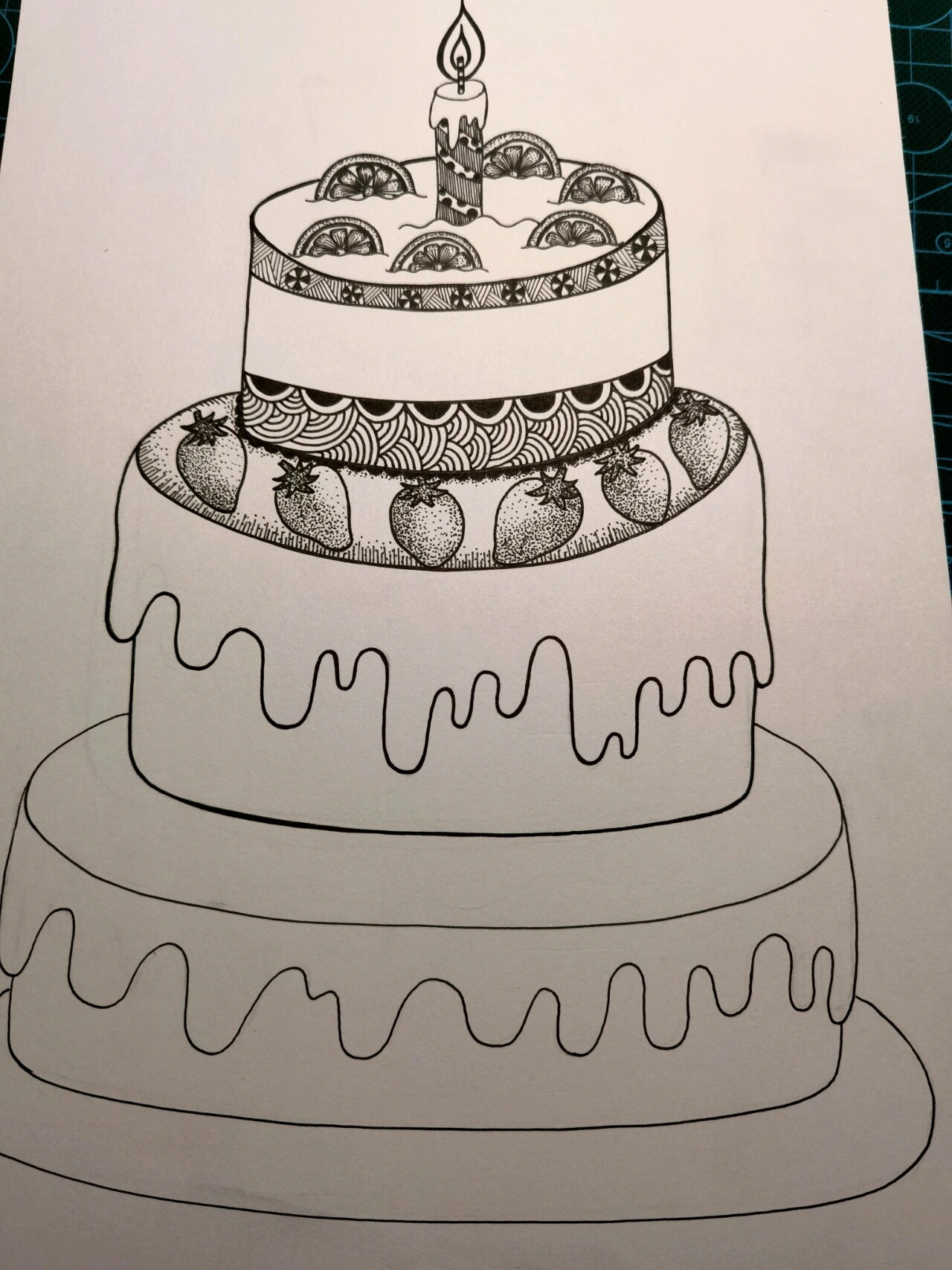 画画打卡51天!生日蛋糕线描画 黑白装饰画