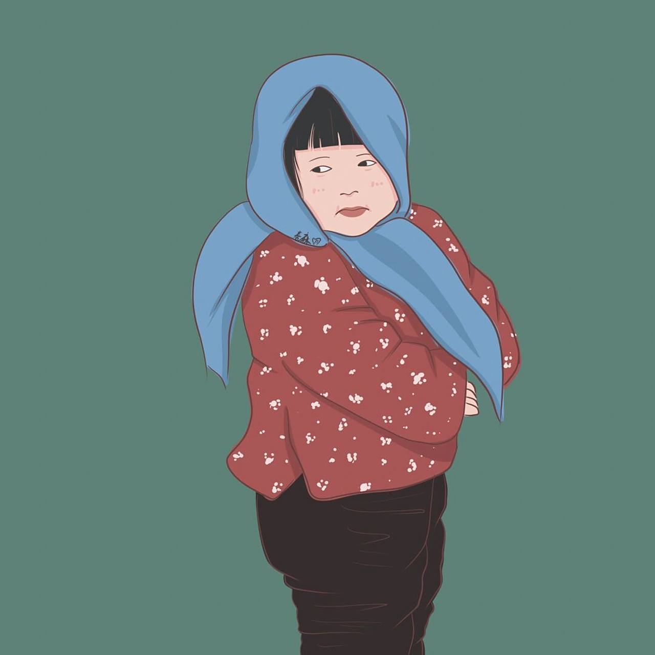 插画 | 头像 | 最近很火的蓝头巾花棉袄萌娃 大家天冷了记得添衣哈