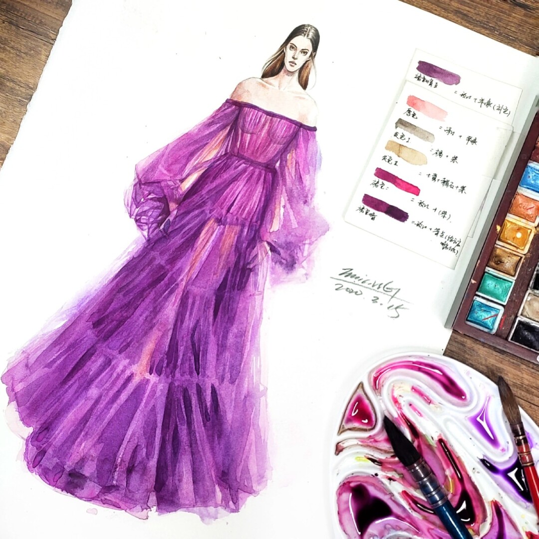 78服装设计水彩——玫红色调色方法薄纱教程