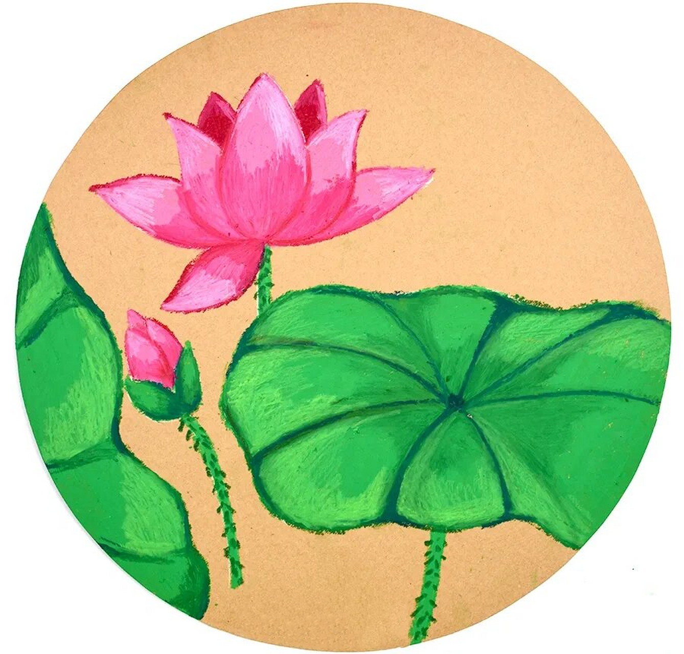 欣赏荷花,荷叶的素材,运用油画棒表现出荷花荷叶的造型与色彩美,并