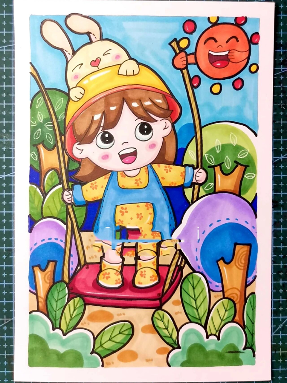 儿童画,创意画《荡秋千》临摹 99工具 16615画纸:a5荷兰卡纸