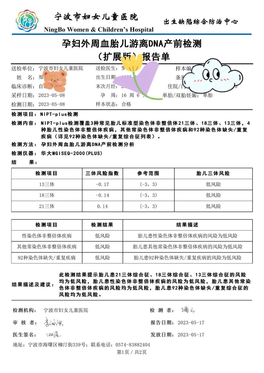 唐筛21三体临界风险无创翻盘 今天终于等到无创报告了明天出国可以