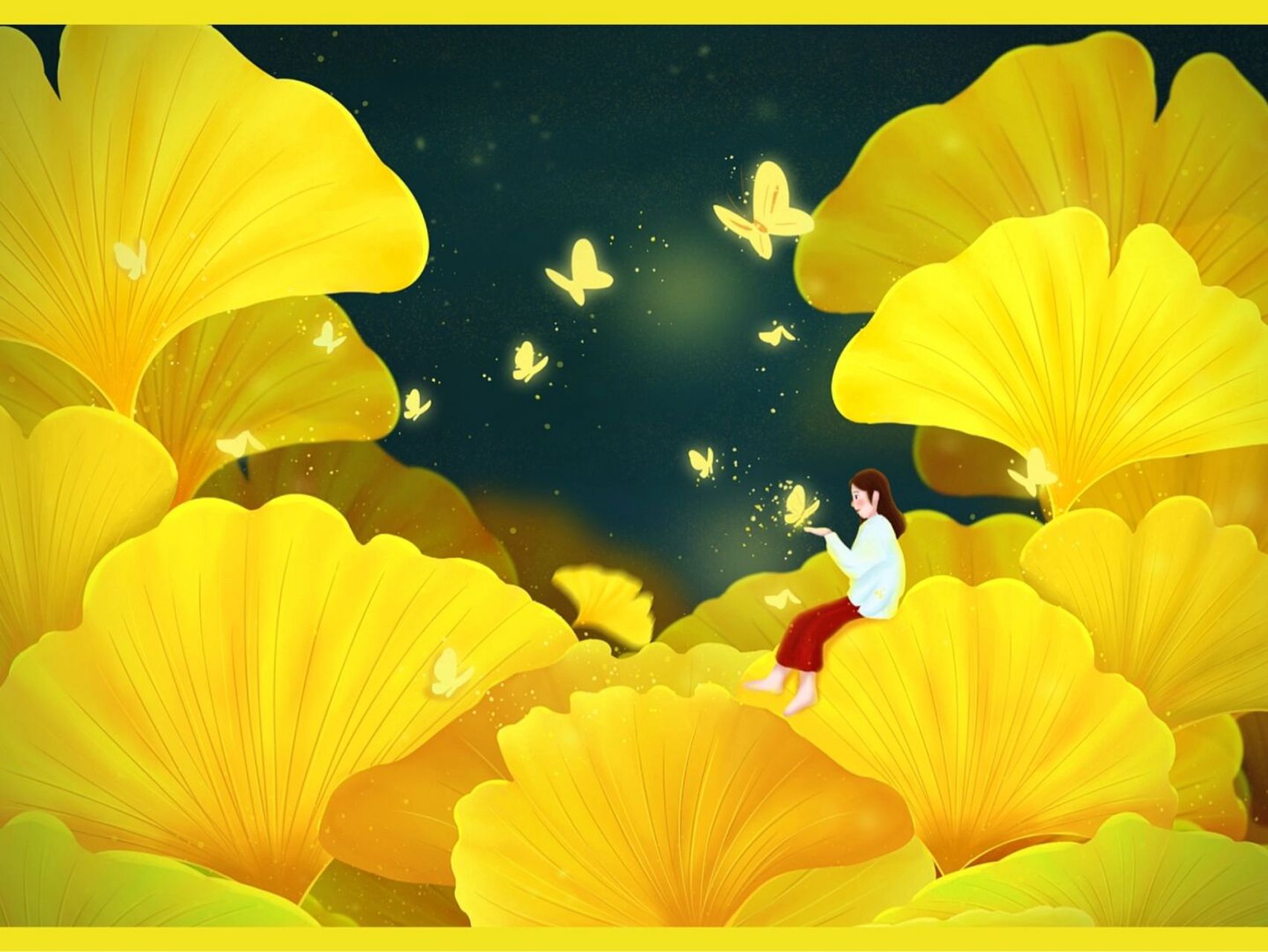 秋意之银杏飞舞唯美梦幻插画背景图 秋色暖暖的小时光,述秋,喜秋,好秋