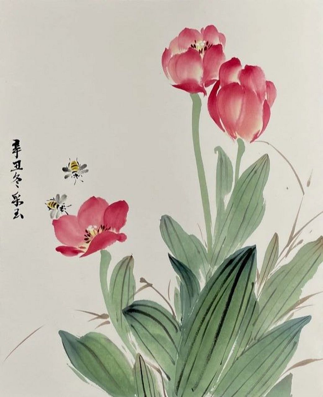 国画花鸟步骤图 《春色满园郁金香》花鸟 纸张:33x27cm的方形生宣卡纸