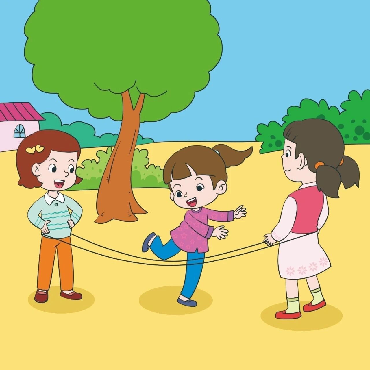 她们一回到家,就赶紧到院子里,拿出皮筋跳起来.