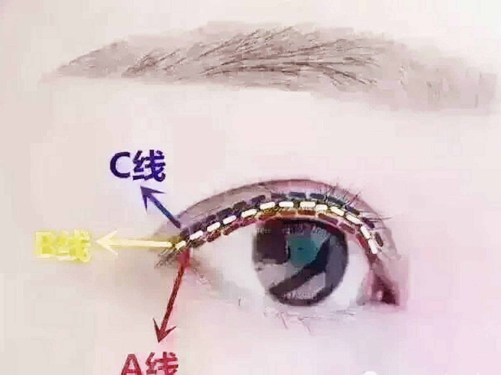 眼睛98~美起来 c眼线 ,b睫毛线 ,a线美瞳线 ,通俗易懂又直观,选择做