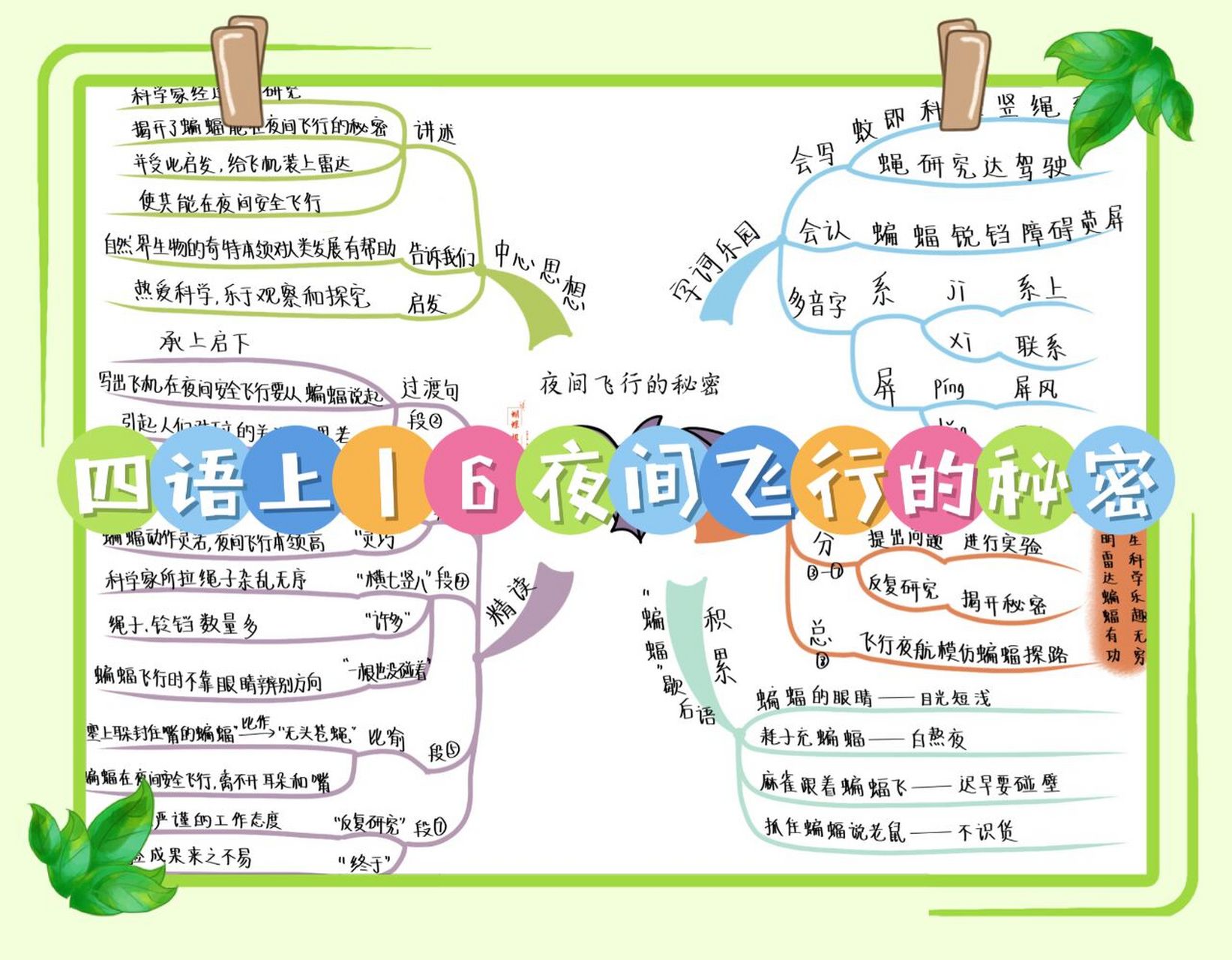 四语上丨6《夜间飞行的秘密》思维导图 小小的蝙蝠和雷达联系到一起