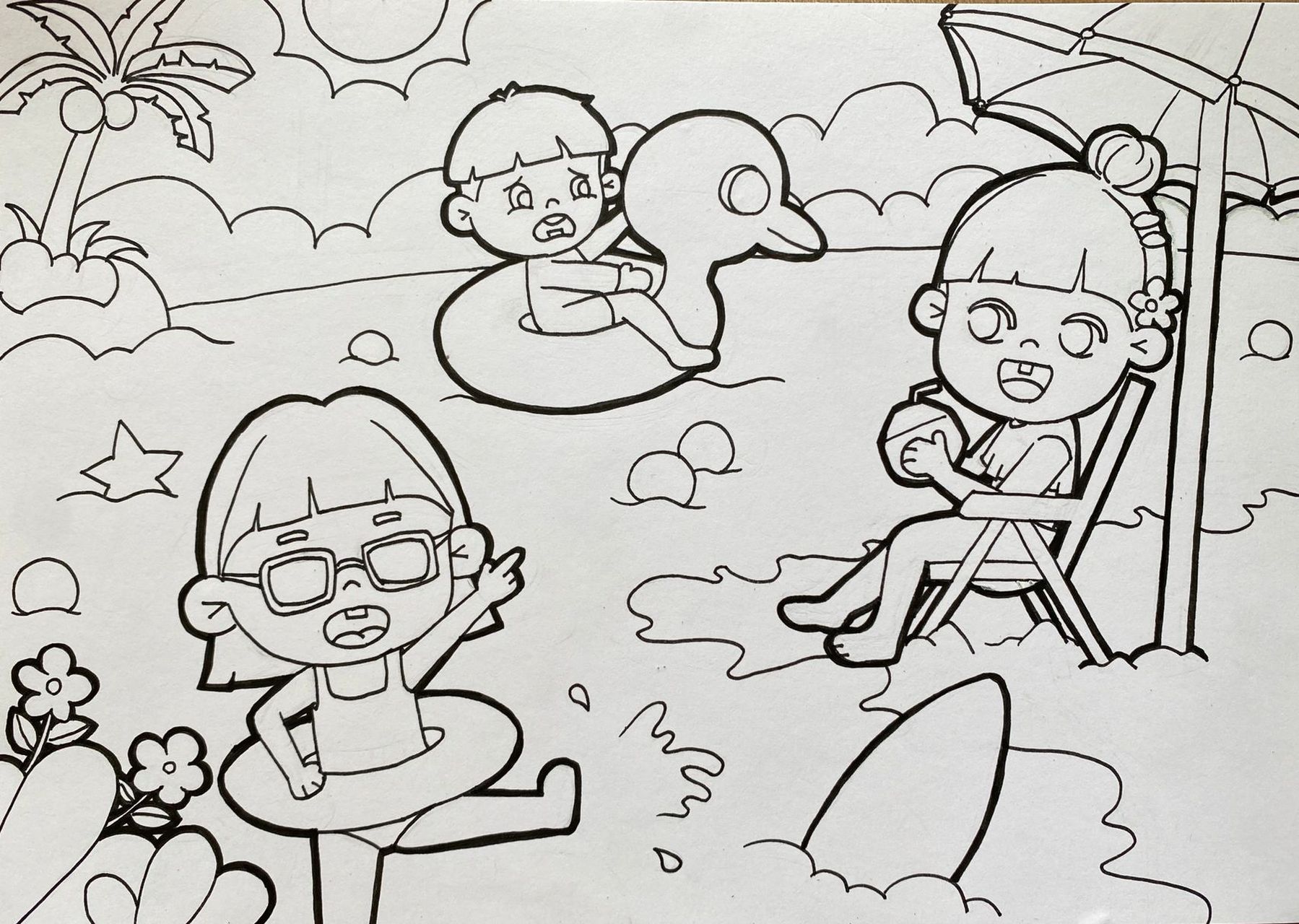 儿童画 原创主题画《夏日沙滩9215》6 人物偏小 云朵换色 铁子们