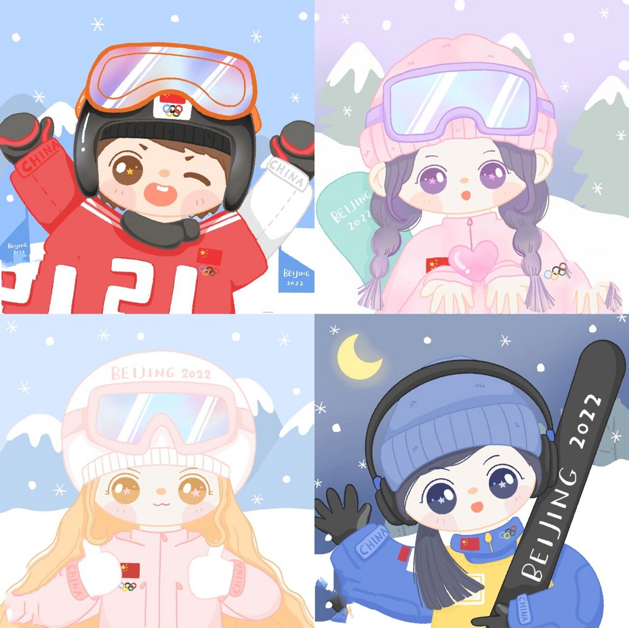 2022冬奥会为冰雪健儿画头像滑雪女孩冲鸭!