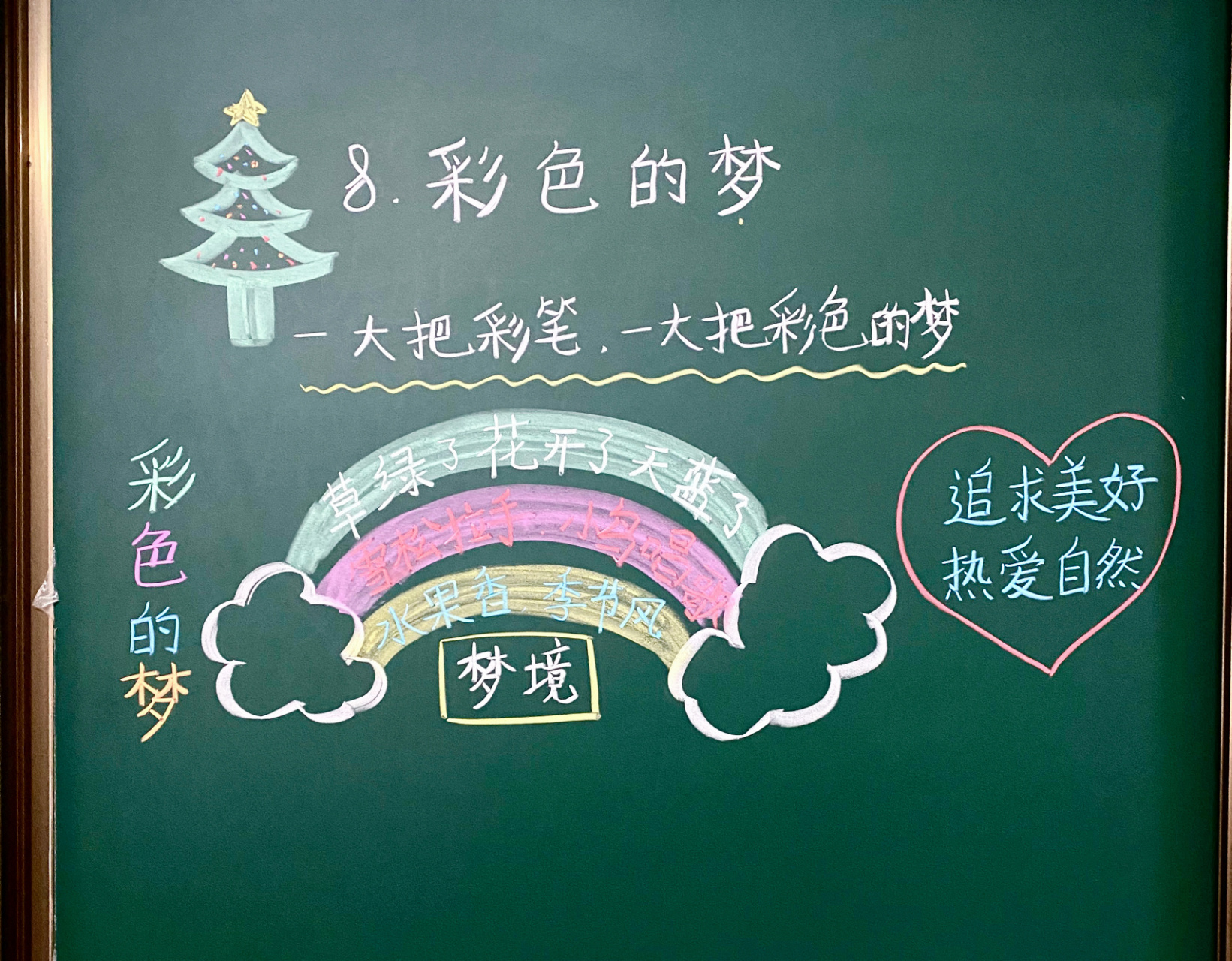 二年级下册《彩色的梦》课堂板书 红色彩虹那里拍出来有些看不清,老师
