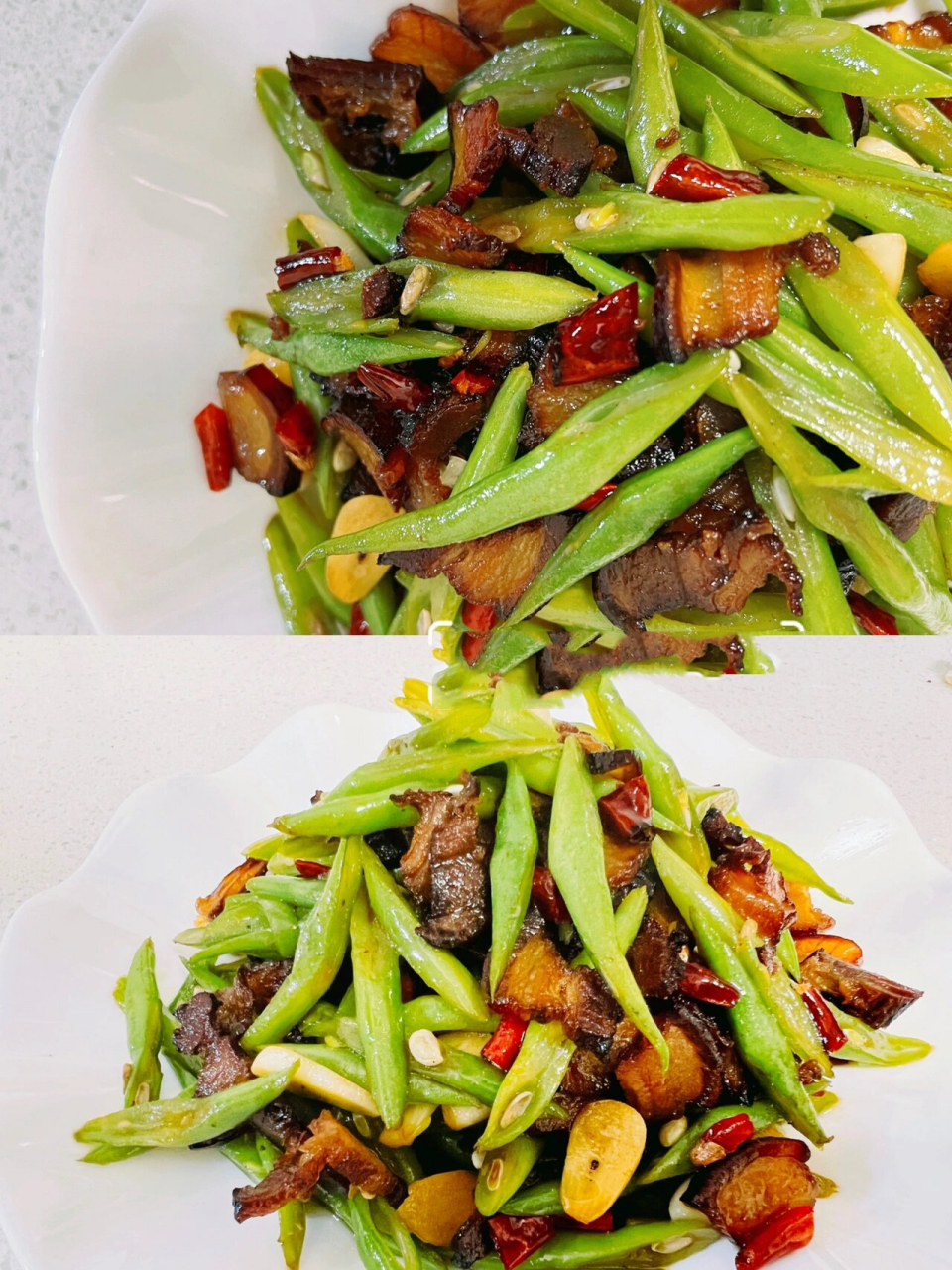 下饭菜～四季豆炒腊肉 1.准备食材:腊肉,四季豆,蒜,干辣椒. 2.