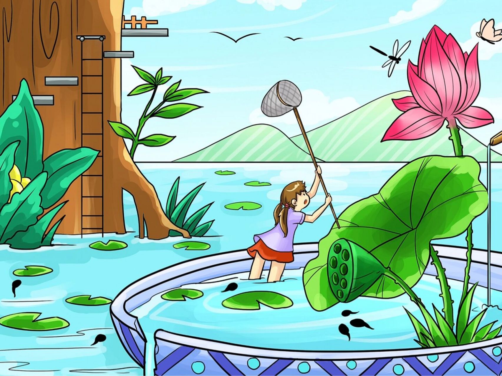 插画|荷塘之戏荷钓鱼 夏天荷塘风景秀丽 荷塘里有什么呢?