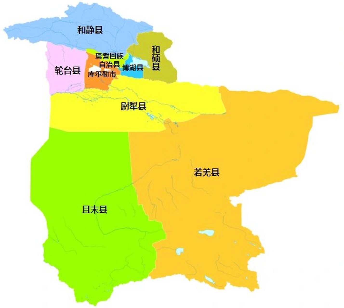 为 1个县级市:库尔勒市 8个县:轮台县,尉犁县,若羌县,且末县,和静县