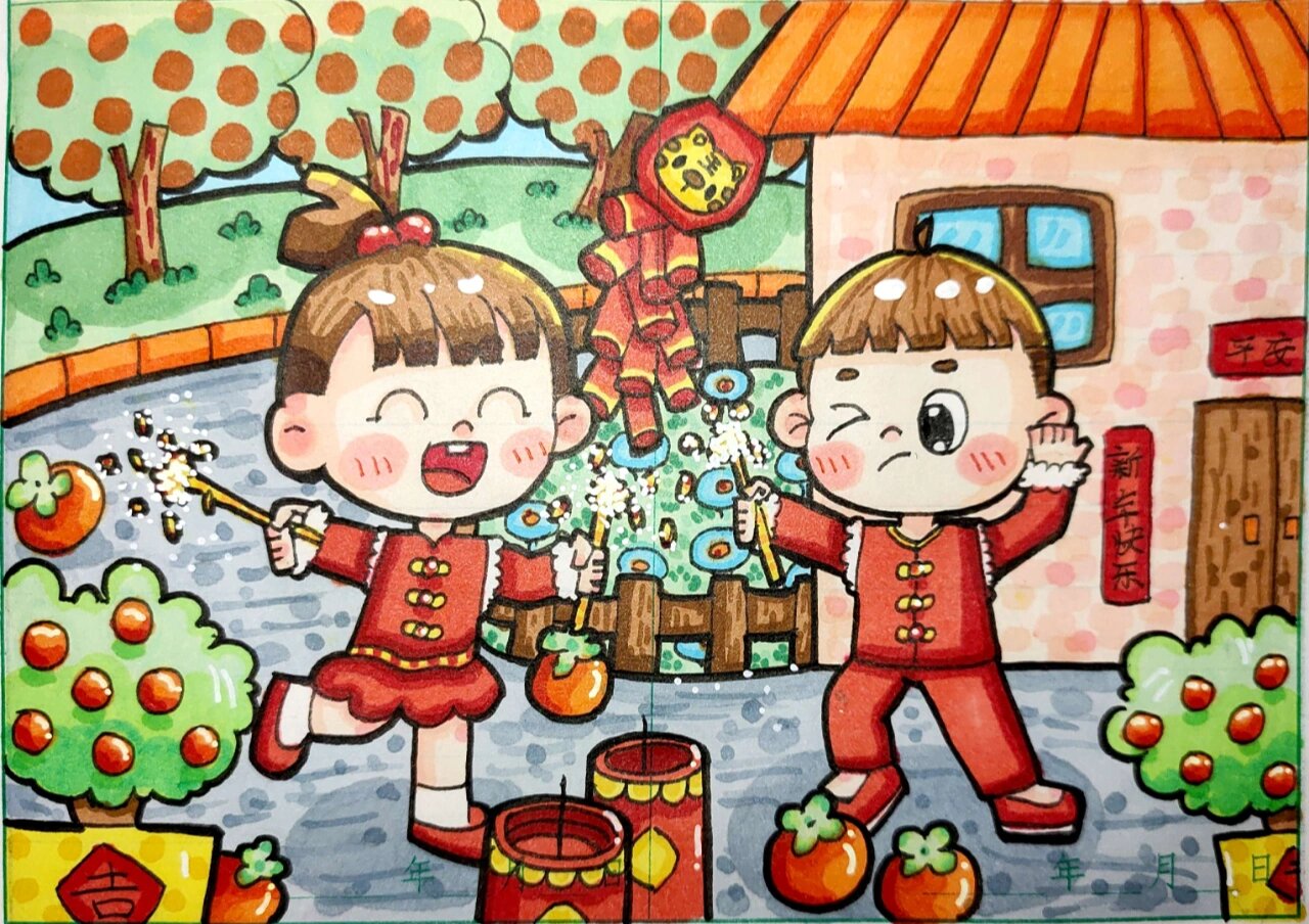 过年了,放鞭炮马克笔儿童画