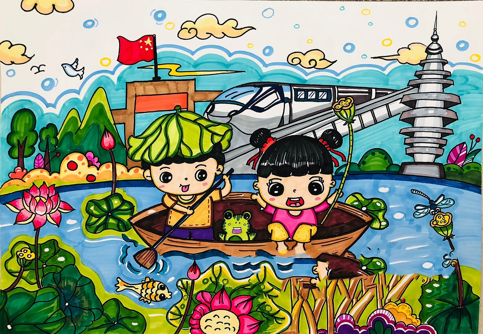 所有主题画均有线稿,爱家长主题,根据本地人文建筑风土人情细致描绘